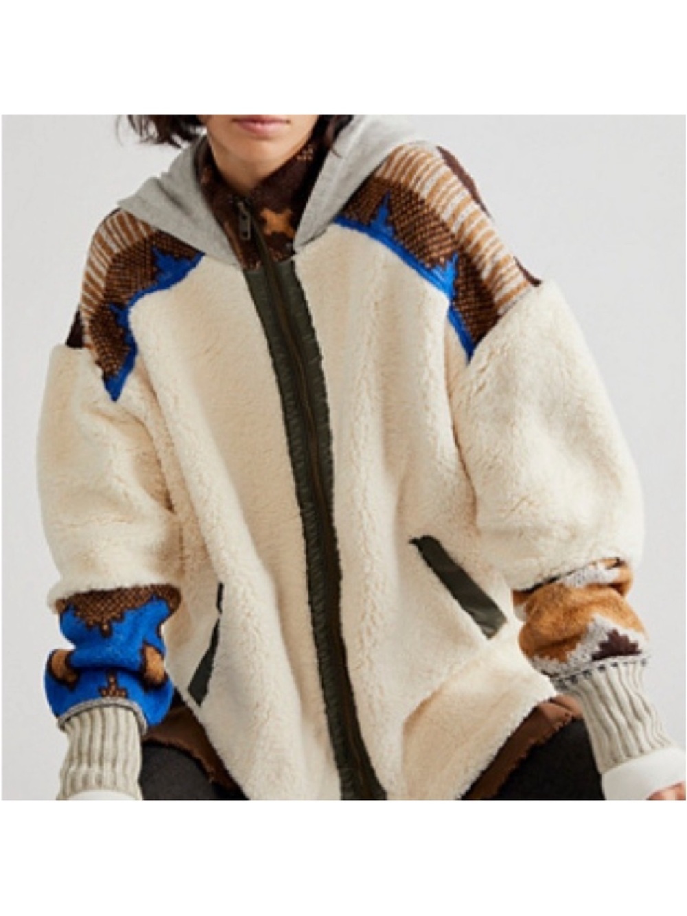 Free people women’s Cream Sherpa Zip-Up Jacket with Patterned Sleeves size S